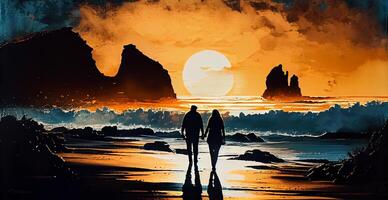 Silhouette of couple standing, watching tranquil sunset , photo