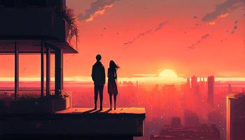 silueta de amantes Pareja en puesta de sol paisaje urbano ,generativo ai foto