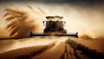 Agriculture machinery cutting the ripe wheat at sunset , photo