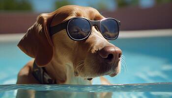 Cute retriever puppy wearing sunglasses outdoors in summer ,generative AI photo