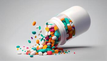 Medicine bottle spilling colorful pills depicting addiction risks ,generative AI photo
