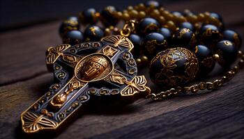 Ornate cross necklace, shiny gold with gemstones , photo