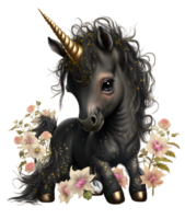 negro floral unicornio, ai generativo png