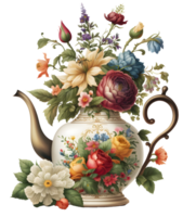 vintage floral tea pot, png