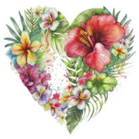 tropical leaves and flowers in a heart shape watercolor art, png