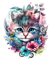 cute adorable cat with floral vibes, png