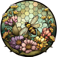 stained glass window style bee with flowers, png