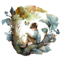 Boy reading book watercolor, png