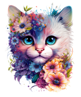 cute adorable cat with floral vibes, png