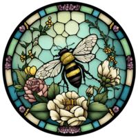 stained glass window style bee with flowers, png