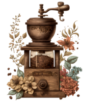 vintage coffee, grinder machine watercolor flowers, png