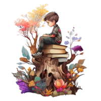 boy reading book watercolor, png