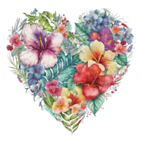 tropical leaves and flowers in a heart shape watercolor art, png