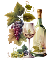 grapes and wine bottle, png