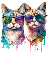 aquarelle chat couple portant lunettes de soleil, ai génératif png