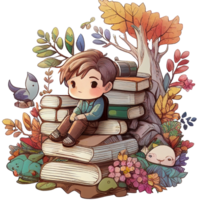 Boy reading book under tree, png