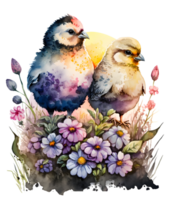 cute chicken couple watercolor, png