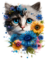 cute adorable cat with floral vibes, png