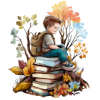 boy reading book watercolor, png