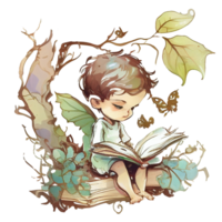 Boy reading book watercolor, png