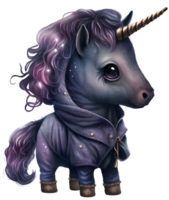 mignonne noir Licorne aquarelle, ai génératif png