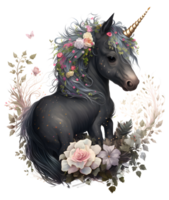 negro floral unicornio, ai generativo png