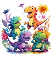 ensemble de bébé dragon avec fleurs et feuilles dans espiègle mode, ai génératif png