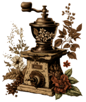 vintage coffee, grinder machine watercolor flowers, png