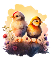 cute chicken couple watercolor, png