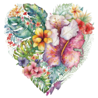 tropical folhas e flores dentro uma coração forma aguarela arte, ai generativo png