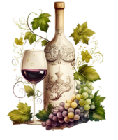 grapes and wine bottle, png