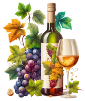 grapes and wine bottle, png