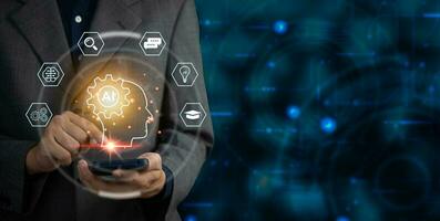 AI Artificial Intelligence and conversational chatbots businesses digital technology interact with applications, including customer service, sales and marketing and big data virtual screen. photo