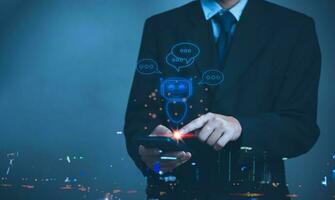 Businessman holding a light chatbot hologram intelligence AI. Digital chatbot, robot application. chat with AI Artifice intelligent developers digital technology concept. photo