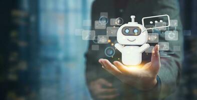 AI Artificial Intelligence and conversational chatbots businesses digital technology interact with applications, including customer service, sales and marketing and big data virtual screen. photo