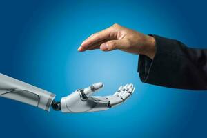 artificial intelligence AI hand robot white 3d rendering and hand people on background. photo