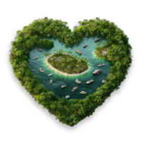 Paradies Insel im das bilden von Herz Form, Sommer- Urwald Insel im Herz Form, Reise Sommer- Urlaub Ferien Idee Konzept, isoliert auf transparent Hintergrund. generativ ai png