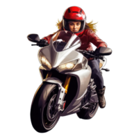 ragazza equitazione motociclo isolato su trasparente sfondo. ai generato png