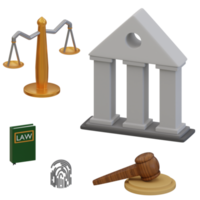 3d rendered law icon set includes court building, balance, judge hammer, book of law and fingerprints perfect for law design project png