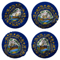 Zustand von Neu Hampshire Flagge im runden gestalten isoliert mit vier anders winken Stil, stoßen Textur, 3d Rendern png
