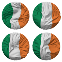 irland flagga i runda form isolerat med fyra annorlunda vinka stil, stöta textur, 3d tolkning png