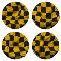 Racing Black and Yellow Checkered Flag in Round Shape Isolated with Four Different Waving Style, Bump Texture, 3D Rendering png