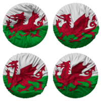 Pays de Galles drapeau dans rond forme isolé avec quatre différent agitant style, bosse texture, 3d le rendu png