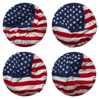 uni États drapeau dans rond forme isolé avec quatre différent agitant style, bosse texture, 3d le rendu png