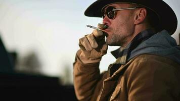 American Cowboy Smoking Cigarette and Enjoying His Time on a Farm video