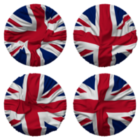 förenad rike flagga i runda form isolerat med fyra annorlunda vinka stil, stöta textur, 3d tolkning png