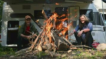 copains pendaison en dehors suivant à feu de camp pendant région sauvage camping video