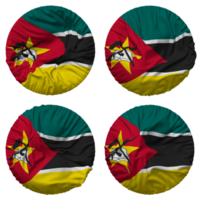 moçambique flagga i runda form isolerat med fyra annorlunda vinka stil, stöta textur, 3d tolkning png