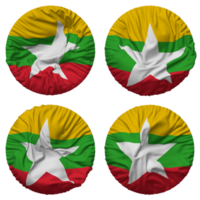 Myanmar, burma flagga i runda form isolerat med fyra annorlunda vinka stil, stöta textur, 3d tolkning png