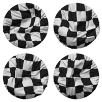 tävlings svart och vit rutig flagga i runda form isolerat med fyra annorlunda vinka stil, stöta textur, 3d tolkning png
